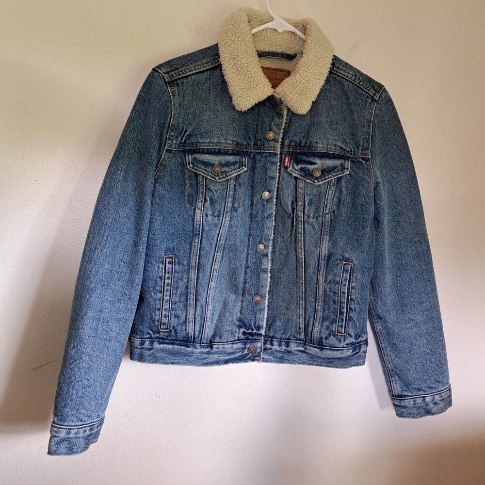 Levi's Premium Sherpa Trucker Jacket Women M Blue Denim Fleece Lined Coat Big E